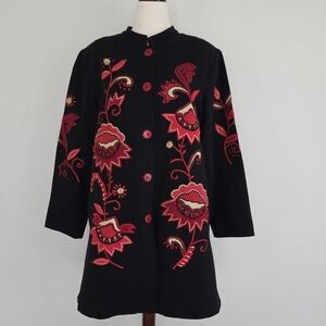 Vintage Alex Kim Black Jacket with Red Floral Embroidery Size Large